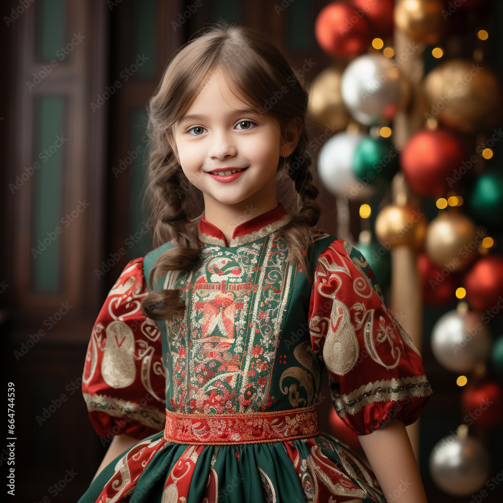 pretty girl in a fancy dress Christmas  on the background of the Christmas tree at home