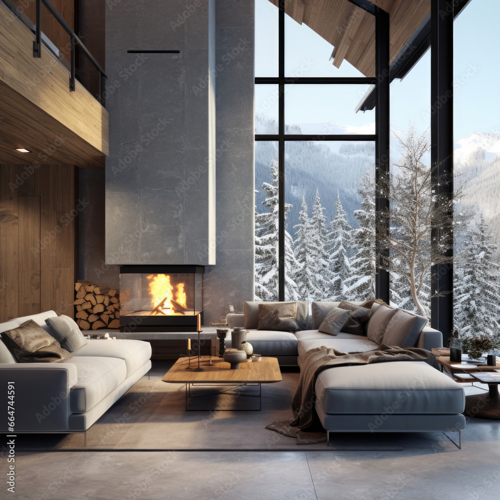 Fototapeta premium Living room with sofa near winter scene outside window