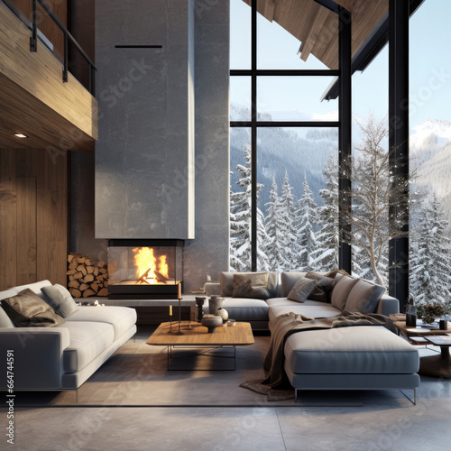 Living room with sofa near winter scene outside window © mirexon