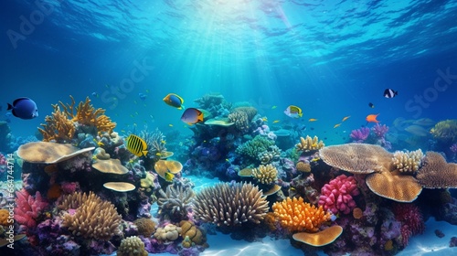 A colorful coral reef teeming with exotic marine life, set against the backdrop of the deep blue ocean. © Anmol