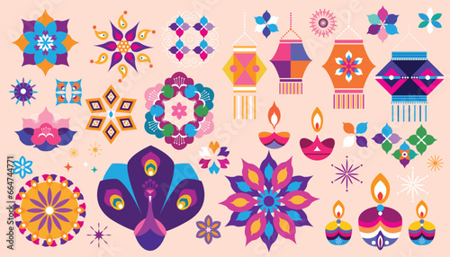 Traditional Indian festival Diwali. Happy Festival of lights Deepavali  set icons Collection decor elements  Festive Burning diya graphic design background Vector abstract flat illustration