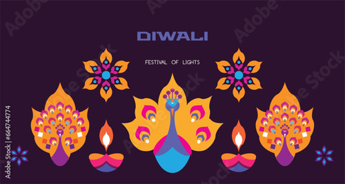 Traditional Indian festival Diwali. Happy Festival of lights Deepavali Template banner, poster, greeting card Festive Burning diya graphic design background Vector abstract flat illustration