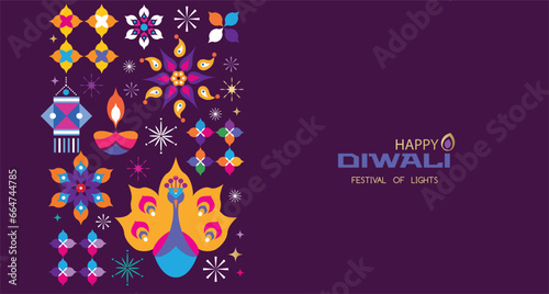 Traditional Indian festival Diwali. Happy Festival of lights Deepavali Template banner, poster, greeting card Festive Burning diya graphic design background Vector abstract flat illustration