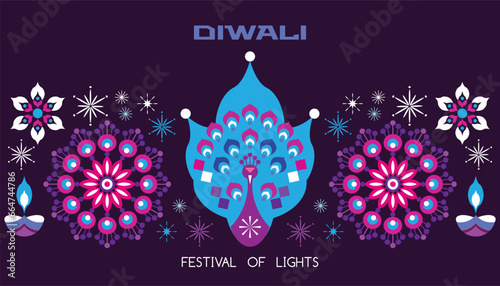 Traditional Indian festival Diwali. Happy Festival of lights Deepavali Template banner, poster, greeting card Festive Burning diya graphic design background Vector abstract flat illustration