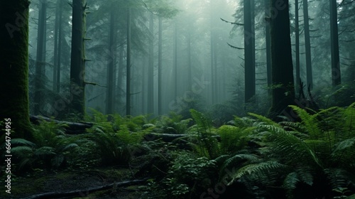 A dense  emerald forest shrouded in a gentle morning fog  with towering trees and a carpet of ferns.