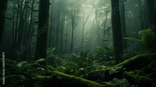 A dense  emerald forest shrouded in a gentle morning fog  with towering trees and a carpet of ferns.