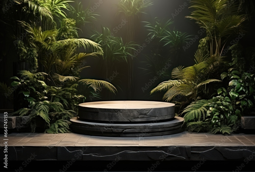 3D podium, stone display set. Jungle, palm leaf 3D podium, stone display set. Jungle, palm leaf