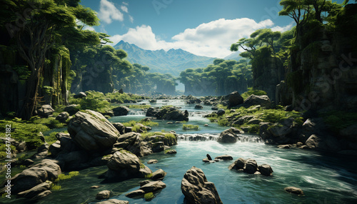 Tranquil scene mountain range, forest, flowing water, reflecting autumn beauty generated by AI