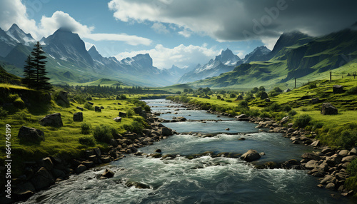 Majestic mountain range, tranquil meadow, flowing water, reflecting natural beauty generated by AI © djvstock