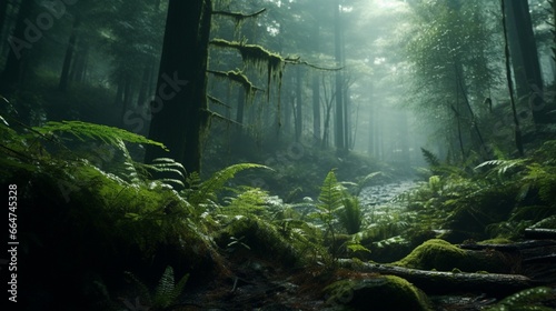 A dense  emerald forest shrouded in a gentle morning fog  with towering trees and a carpet of ferns.