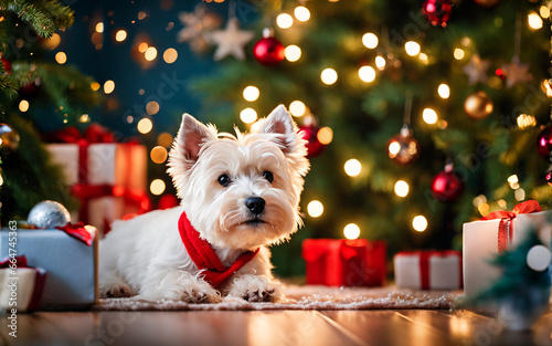 West Highland white terrier dog by Christmas tree, laying down, indoor holiday scene