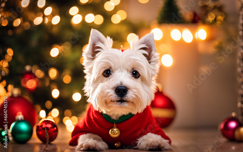 West Highland white terrier dog by Christmas tree, wearing sweater, indoor holiday scene