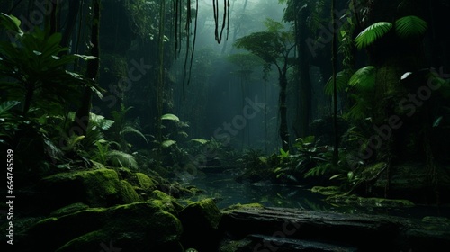 A dense  primeval jungle with towering ferns and prehistoric-looking plants  hidden by mist.