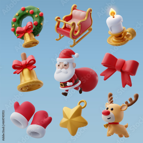 Collection of 3d Christmas icons, Merry Christmas and Happy new year concept.