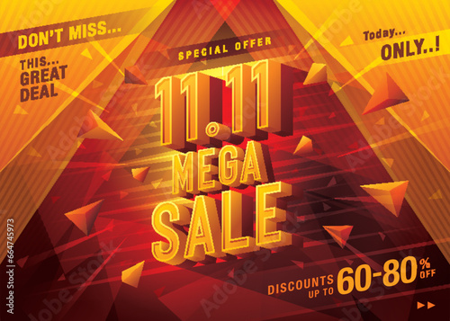11.11 Shopping Day Mega Sale Banner Template design special offer discount, Shopping banner Condensed Font, Abstract Yellow Bubble