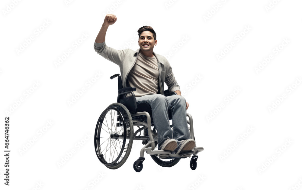Disabled Man in Wheelchair Looks Happy on White or PNG Transparent Background. - obrazy, fototapety, plakaty 