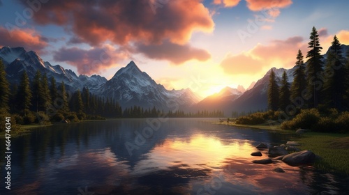A breathtaking sunrise over a pristine mountain lake.