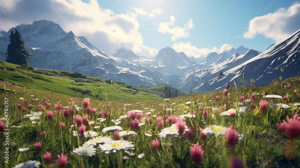 A field of wildflowers swaying in the breeze with a mountain backdrop.