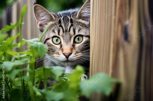 Cat peeking out from behind a wooden fence with green eyes, possibly a tabby cat