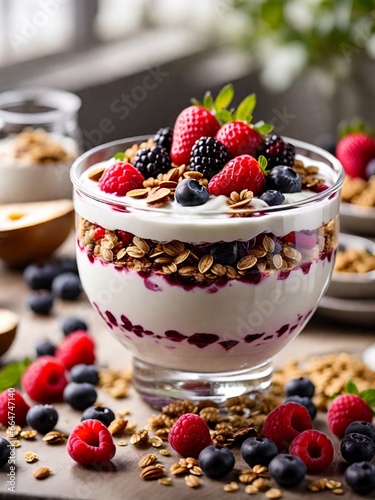 Healthy breakfasts. A delectable healthy breakfast made from Greek yogurt topping with berries fruits and granola.