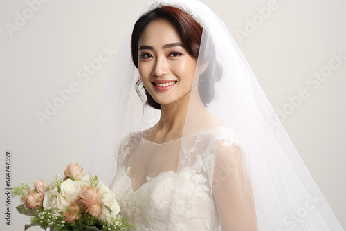 beautiful smiling bride sitting and posing with bouquet and a veil