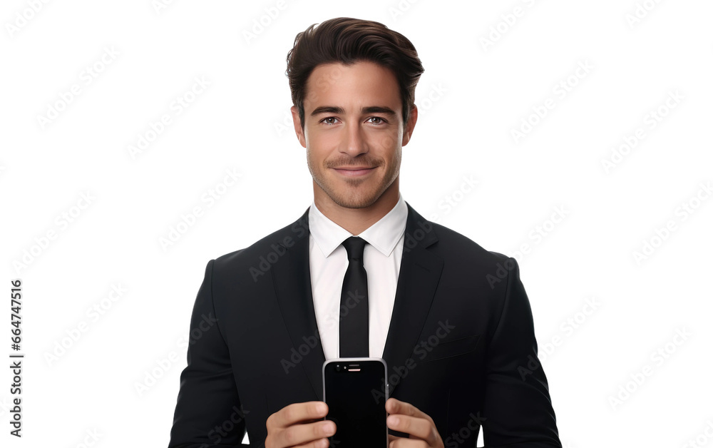 Young Businessman Examining Data On Phone on White or PNG Transparent Background. Young Businessman Examining Data On Phone on White or PNG Transparent Background.