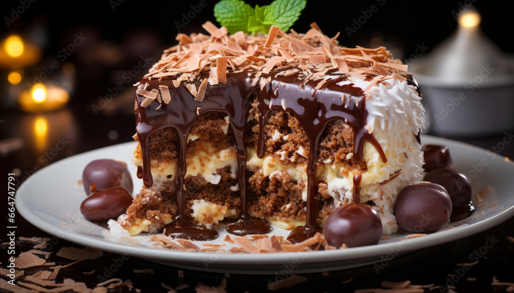 Indulgent chocolate cake slice on a plate, ready to eat generated by AI