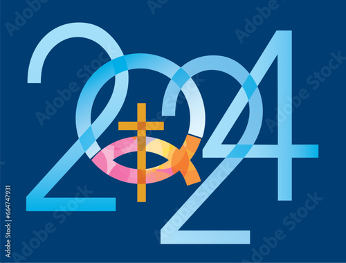 Jesus fish symbol, new year. 2024 new year with fish symbol with cross on blue background. Vector available. 