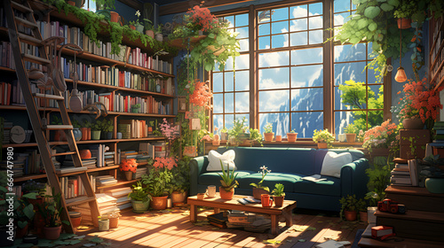 lofi living room with full of plants , anime style photo