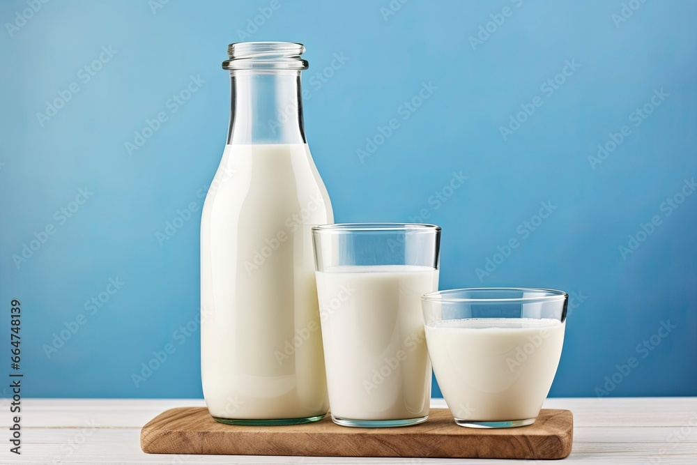 A bottle of milk and a glass of milk on a wooden table on a blue background.