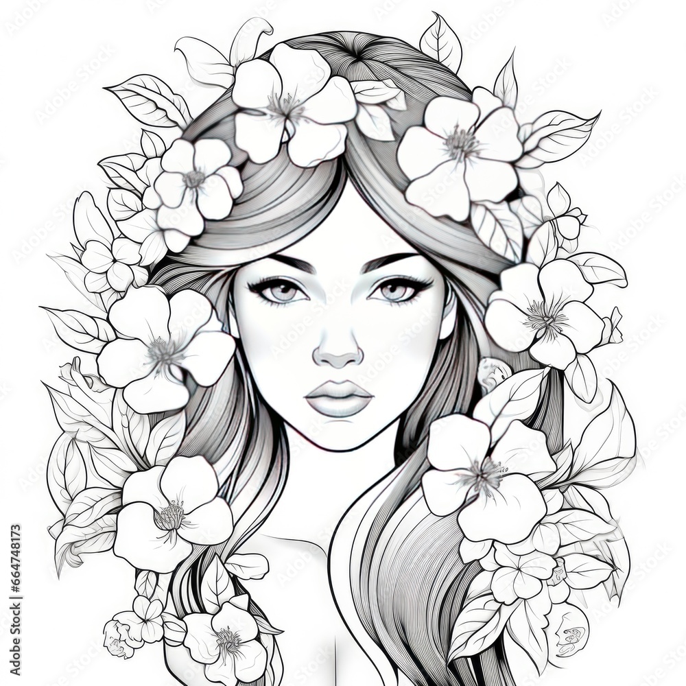 A girl on a coloring book page with Jasmine flowers. A girl on a coloring book page with Jasmine flowers.