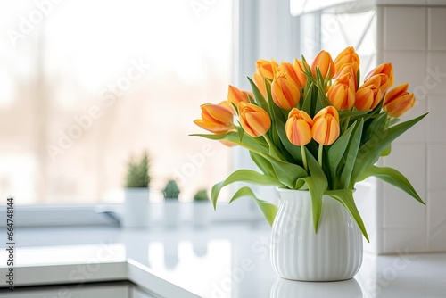 A bouquet of tulips on a white table. #664748144