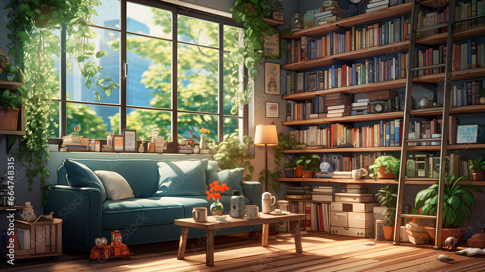 lofi living room with full of plants , anime style
