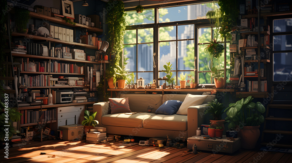 lofi living room with full of plants , anime style