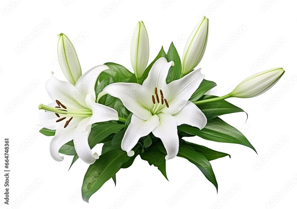 Beautiful fresh lily flower with green leaves, isolated on white background. Beautiful fresh lily flower with green leaves, isolated on white background.