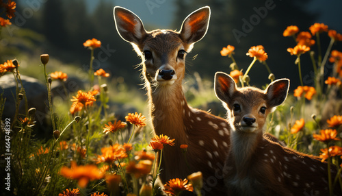 Young deer in meadow, cute and small, looking at camera generated by AI