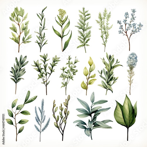 Collection of watercolor herbs clipart on white background.