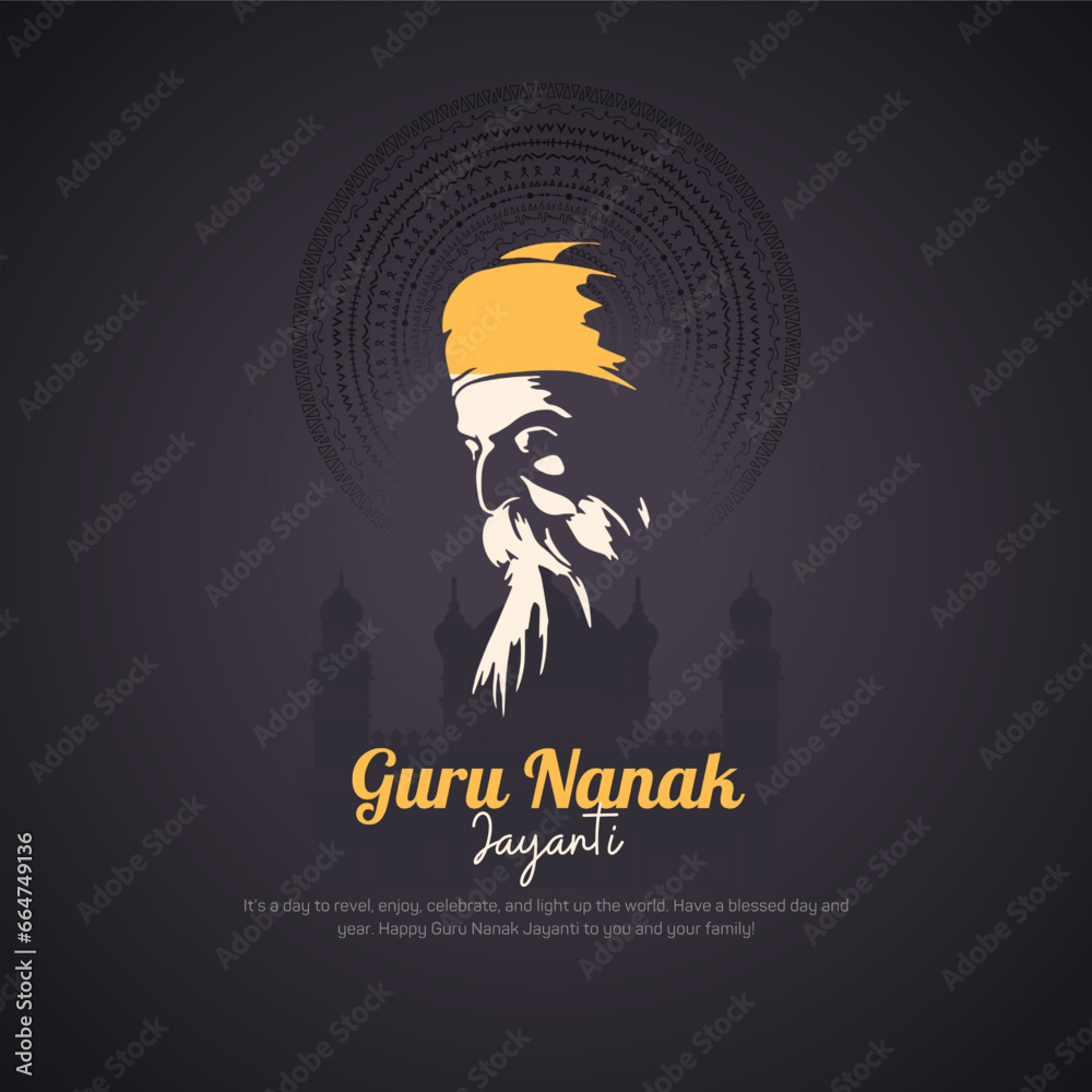 Guru nanak jayanti Gurpurab, also known as Guru Nanak's Prakash Utsav and Guru Nanak Jayanti, celebrates the birth of the first Sikh Guru - obrazy, fototapety, plakaty 