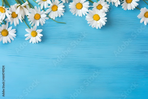 Daisy border on blue wood. © Md