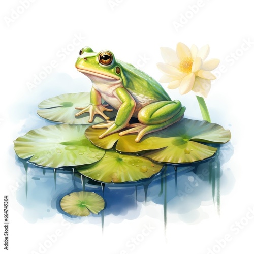 Frog Floating on a Lily Pad Raft  watercolor for T-shirt Design.