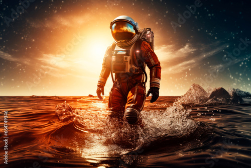 astronaut walking in water on Mars 