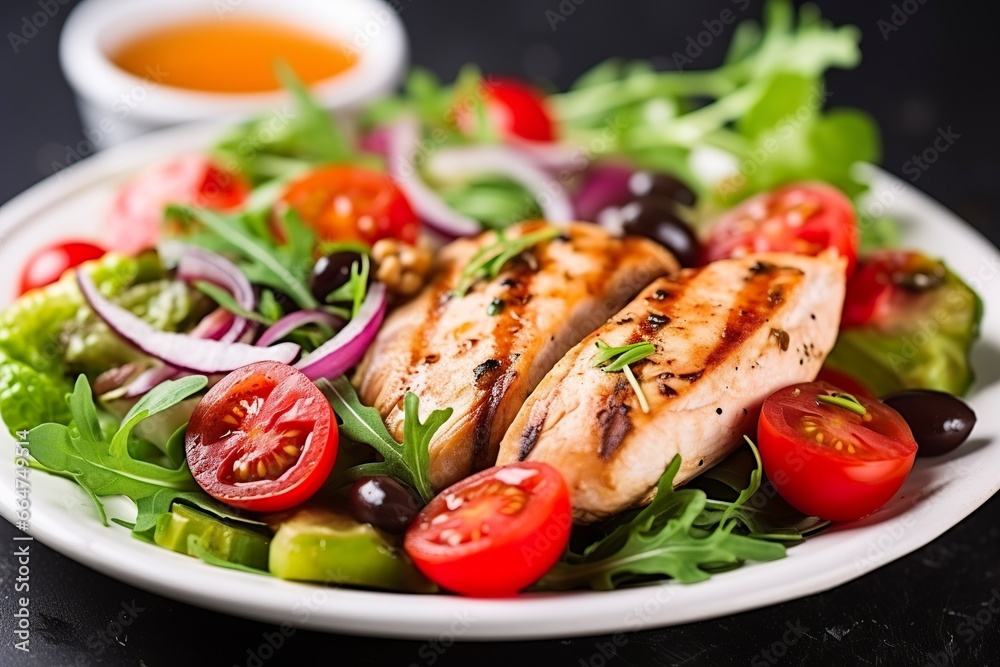 Grilled chicken breast with tomatoes, red pepper, organic green and kalamata olives. Grilled chicken breast with tomatoes, red pepper, organic green and kalamata olives.