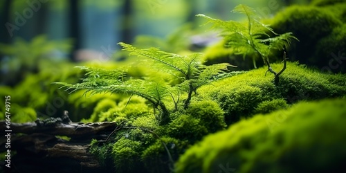 Green moss closeup, with a backdrop of woodland. Forest in the national park.