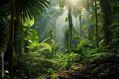 Tropical rainforest with dense foliage and towering trees. Generative AI photo