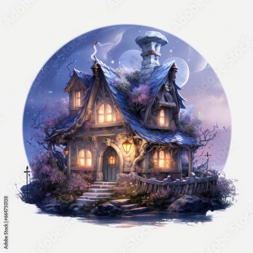 Moonlight dark themed night elf fairytale fantasy fairy house. © Md