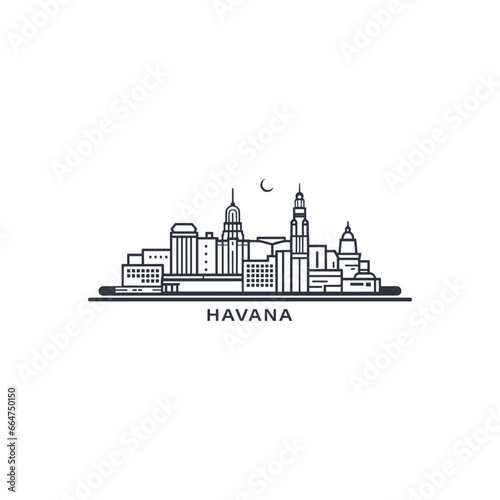 Cuba Havana cityscape, skyline, city panorama vector flat modern logo icon. Cuban town emblem idea with landmarks and building silhouettes. Isolated  thin line graphic