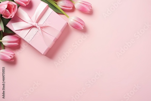 Mother's Day concept. Pink gift box with ribbon bow and a bouquet of tulips. © Md