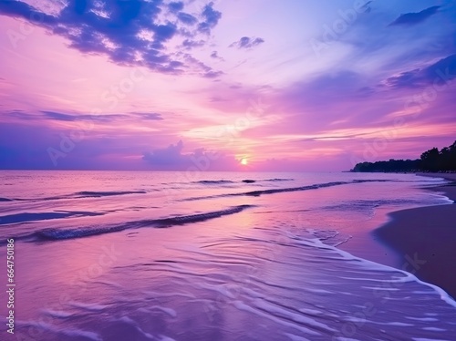 Summer beach with blue water and purple sky at the sunset. © Md