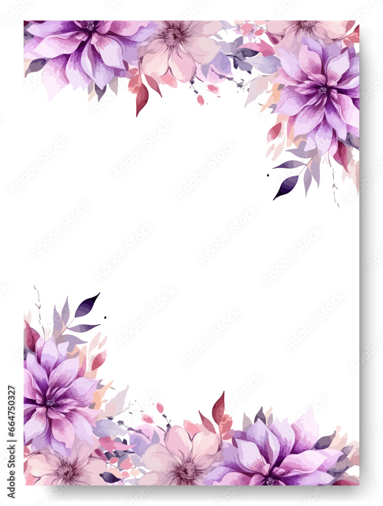 Hand painting of purple water lily floral and leaves arrangement on wedding invitation background. Rustic wedding card.