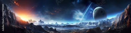 Panorama of distant planet system in space 3D rendering elements. © Md